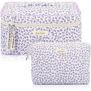 Women Cotton Quilted Large Travel Coquette Cherry Floral Bear Makeup Bag